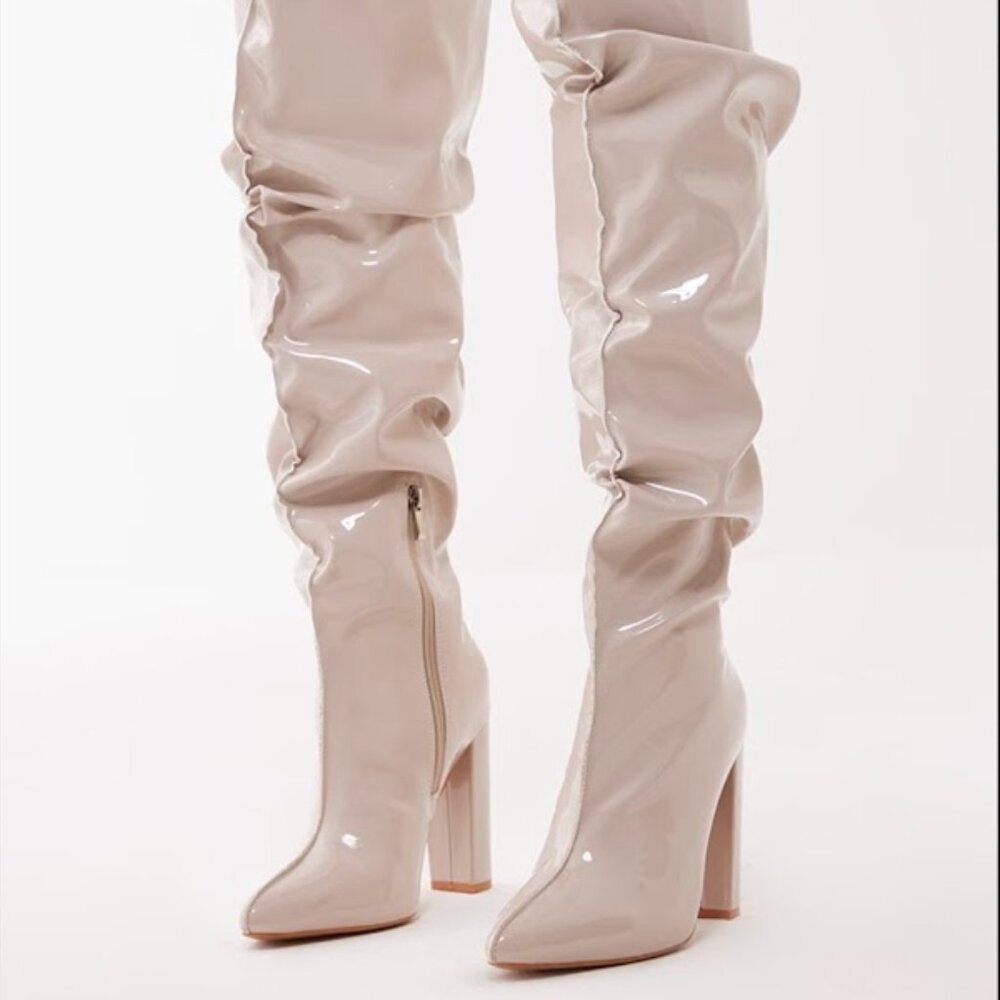 PrettyLittleThing Cream Vinyl Over-the-Knee Block Heel Boots